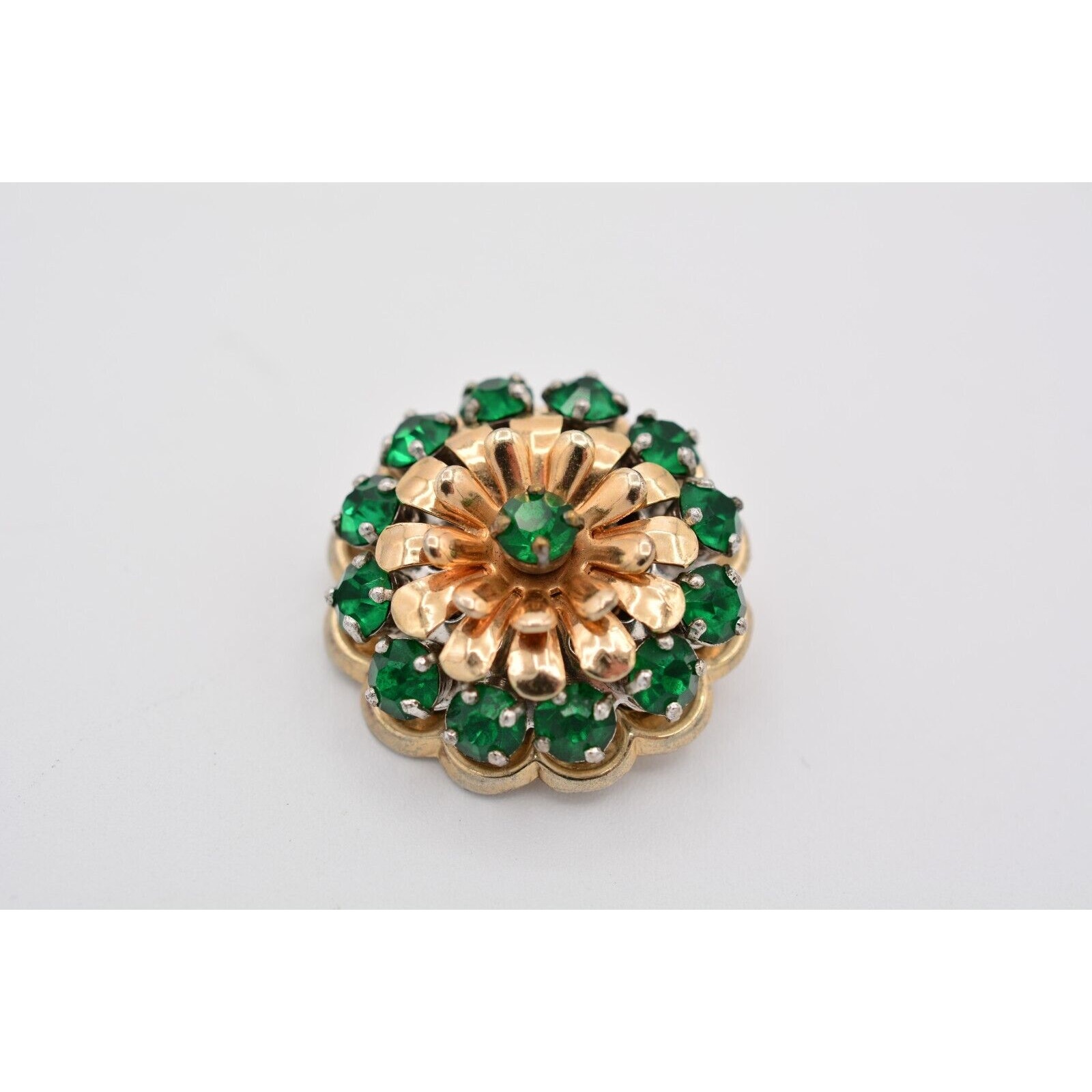 Barclay Vintage Flower Pin Brooch Green Rhinestone Crystal Signed 1940s Binat